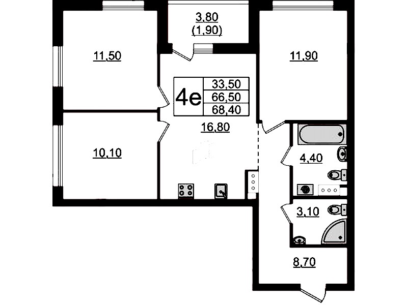 3-комнатная квартира 68.4 м², 8/9 эт., ЖК «А101 Лаголово»